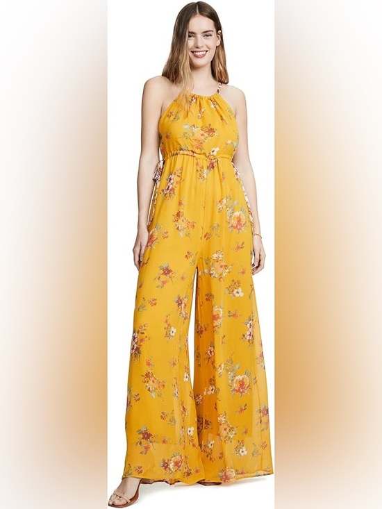 Free People Pants - Floral Halter Wide-Leg Jumpsuit Mustard Yellow Free People Georgia Jumper Gold